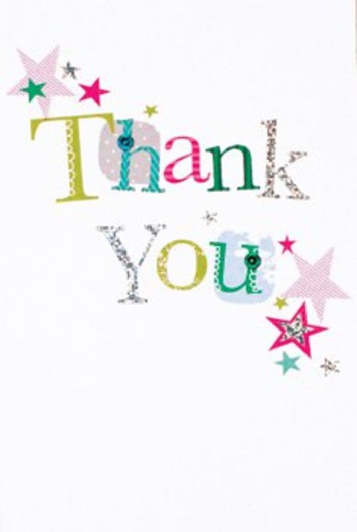 This thank you card radiates a uniquely graceful energy, its design echoing the quietly exuberant spirit found in Rotherhithe's waterside streets. The arrangement of 'Thank You' unfolds with artful balance: some letters playful with soft curves and spots, others elegantly poised with a silvery sheen, their lines reminiscent of the ebb and flow of the Thames. Surrounding the heartfelt message, clusters of vivid stars-striped pinks, deep turquoise, and silvery white-drift near, blessing each word with extra brightness. The layout is airy and modern, like the open spaces of Southwark Park in spring, with a dusting of starry detail enlivening the clean white setting. There's a subtle sophistication at play, neither overly formal nor too casual, making this card a warm and universal gesture. Paired with a fresh bouquet from one of Rotherhithe's local florists, it becomes more than just thanks; it's an expression as uplifting as the dawn light on the docks and as memorable as a heartfelt conversation on Lower Road.