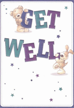 Immediate comfort and uplifting energy radiate from this get well card, reminiscent of those friendly exchanges often shared at the core of Rotherhithe's bustling community. The artwork features a soft teddy bear, gently gripping the arched top of the word 'GET,' with a playful puppy leaning in below to cradle the bold 'WELL.' Their rounded, familiar outlines and expressive faces evoke feelings of hope and affection, akin to an expertly arranged bouquet hand-delivered near Rotherhithe Street. Vibrant shades of purple and teal bring a sense of joyful optimism, while scattered stars in deep blues and rich violets seem to sprinkle magical wishes throughout the card's crisp, clear white background. The effect is tactile-soft fur you can almost feel, warmth that reaches out like a reassuring embrace. Crafted with the same intention as a bouquet from Flowers Rotherhithe, every illustrated detail is chosen to brighten difficult days and nurture a gentle recovery, creating a card as soothing as a fresh bunch of blooms.